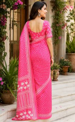 Women baby pink chanderi cotton bandhani ready to wear saree 3