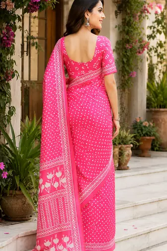 Women baby pink chanderi cotton bandhani ready to wear saree