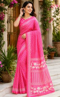 Women baby pink chanderi cotton bandhani ready to wear saree 4