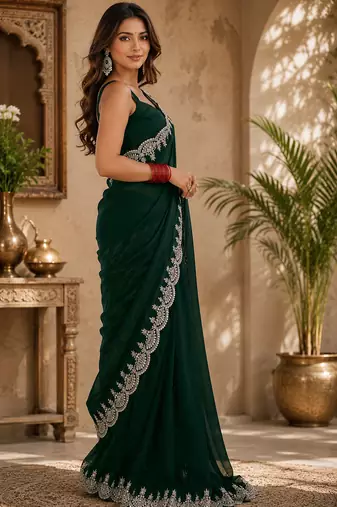 green embroidered party wear shimmer chiffon saree with silver scalloped border for women