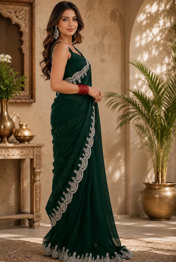 green embroidered party wear shimmer chiffon saree with silver scalloped border for women