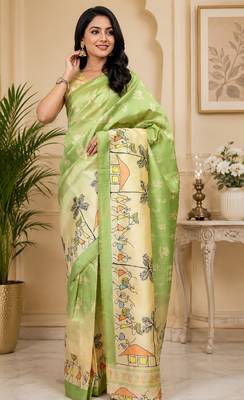 Women light green chanderi cotton tribal folk art ready to wear saree 1