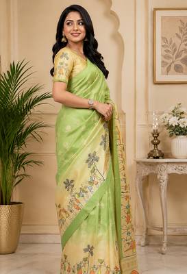 Women light green chanderi cotton tribal folk art ready to wear saree 2