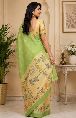 Women light green chanderi cotton tribal folk art ready to wear saree 3