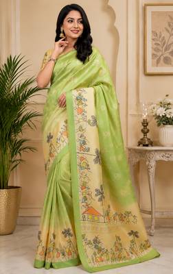 Women light green chanderi cotton tribal folk art ready to wear saree 4