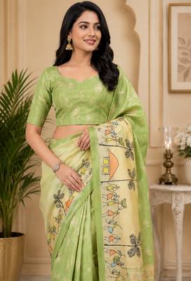 Women light green chanderi cotton tribal folk art ready to wear saree 5