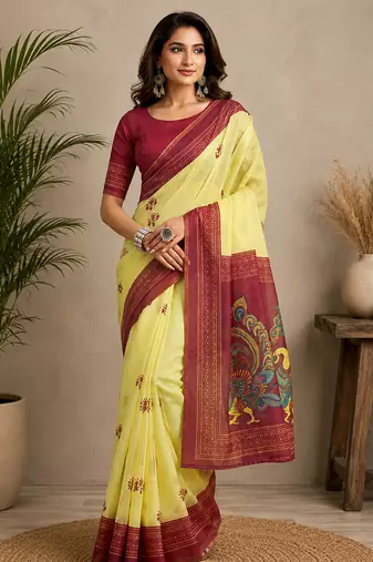 Women yellow & maroon chanderi cotton bomkei ready to wear saree