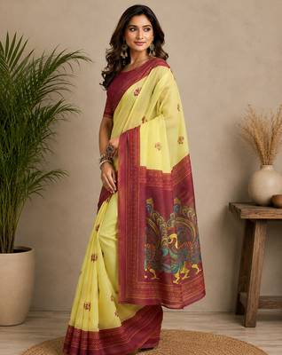 Women yellow & maroon chanderi cotton bomkei ready to wear saree 2