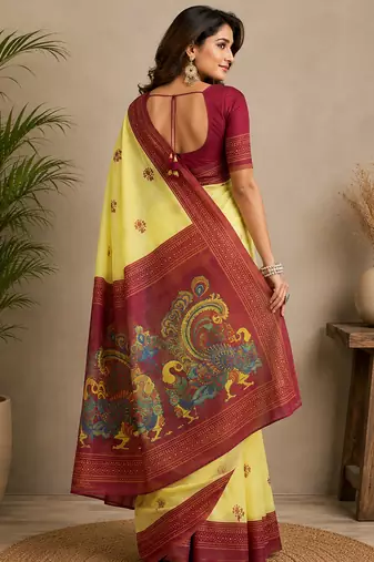 Women yellow & maroon chanderi cotton bomkei ready to wear saree