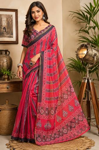 Women pink chanderi cotton ajrakh print ready to wear saree