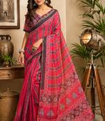 Women pink chanderi cotton ajrakh print ready to wear saree