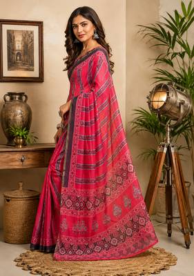 Women pink chanderi cotton ajrakh print ready to wear saree 2