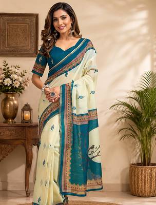 Women cream chanderi cotton ajrakh print ready to wear saree 1