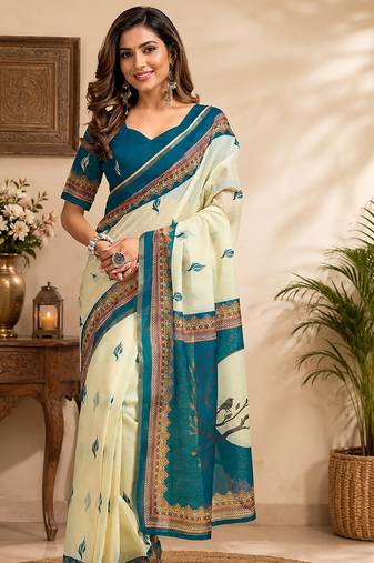 Women cream chanderi cotton ajrakh print ready to wear saree