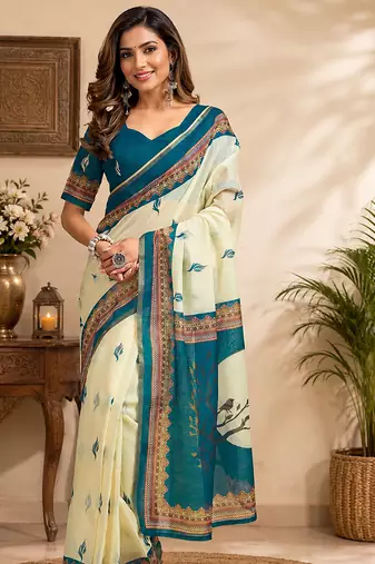 Women cream chanderi cotton ajrakh print ready to wear saree