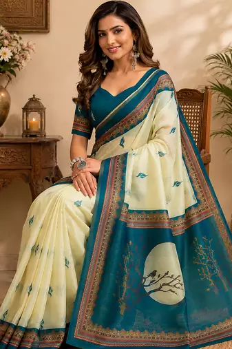 Women cream chanderi cotton ajrakh print ready to wear saree