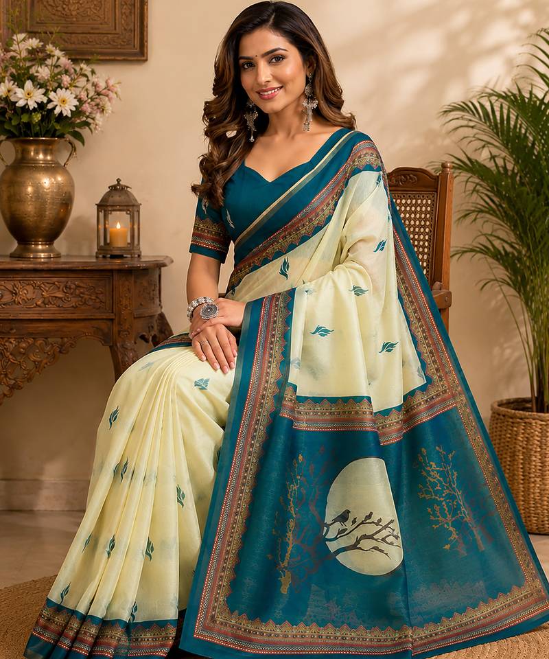 Women cream chanderi cotton ajrakh print ready to wear saree