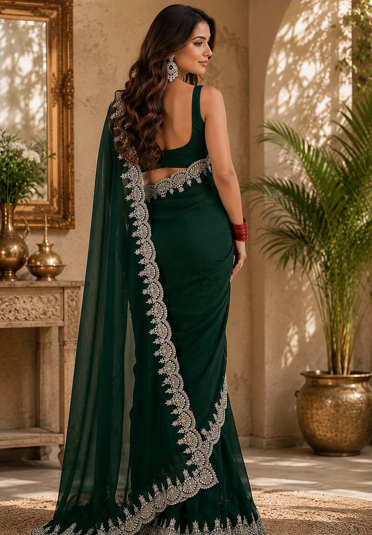 green embroidered party wear shimmer chiffon saree with silver scalloped border for women