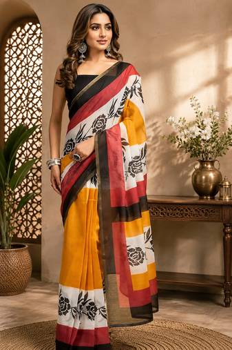 Women multicolor chanderi cotton floral roses ready to wear saree