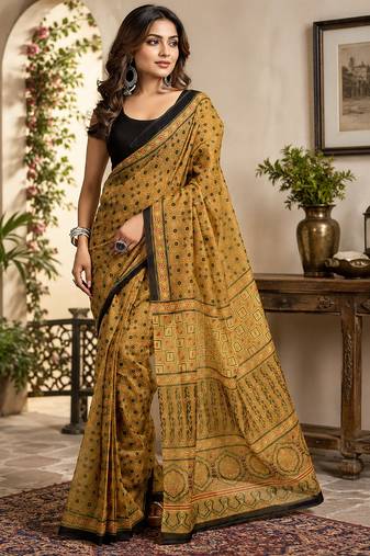 Women mustard chanderi cotton kalamkari ready to wear saree