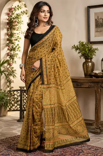 Women mustard chanderi cotton kalamkari ready to wear saree