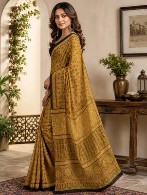 Women mustard chanderi cotton kalamkari ready to wear saree 2