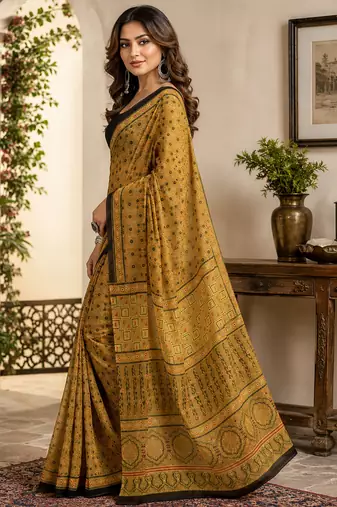 Women mustard chanderi cotton kalamkari ready to wear saree