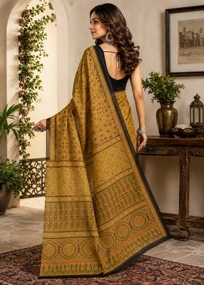 Women mustard chanderi cotton kalamkari ready to wear saree 3