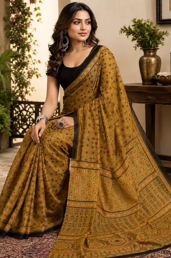 Women mustard chanderi cotton kalamkari ready to wear saree