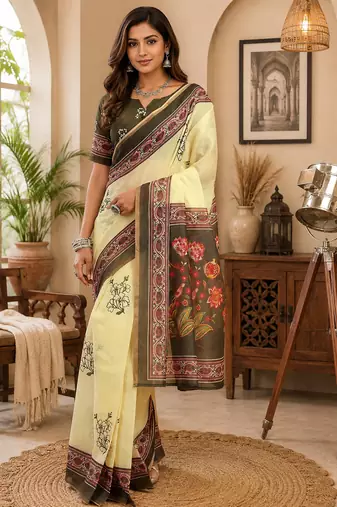 Women cream chanderi cotton black floral vine prints ready to wear saree