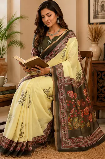 Women cream chanderi cotton black floral vine prints ready to wear saree