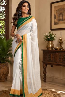 Women white chanderi cotton kerala kasavu ready to wear saree 1
