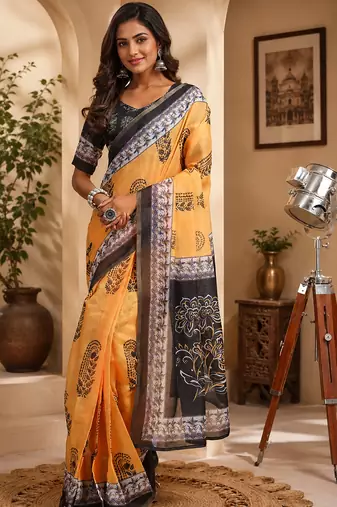Women mustard chanderi cotton bagru print ready to wear saree