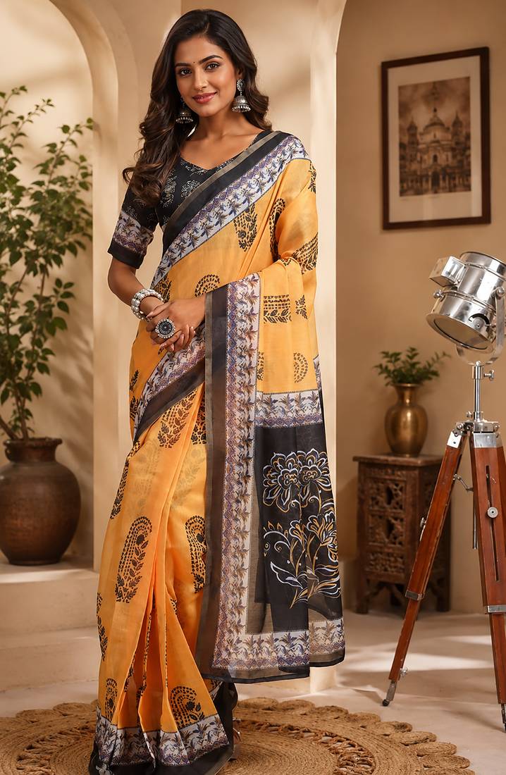 Women mustard chanderi cotton bagru print ready to wear saree