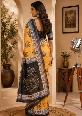 Women mustard chanderi cotton bagru print ready to wear saree 3