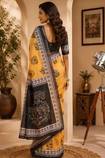 Women mustard chanderi cotton bagru print ready to wear saree