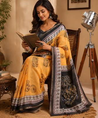 Women mustard chanderi cotton bagru print ready to wear saree 4