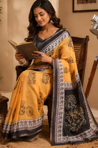 Women mustard chanderi cotton bagru print ready to wear saree