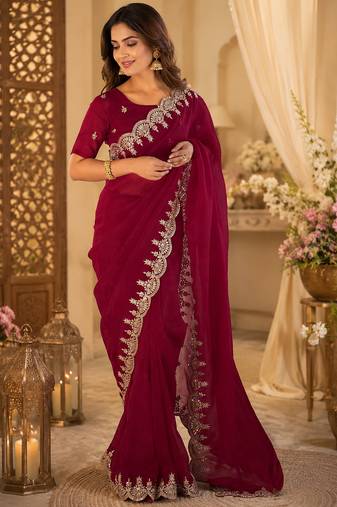 maroon embroidered party wear shimmer chiffon saree with silver scalloped border for women