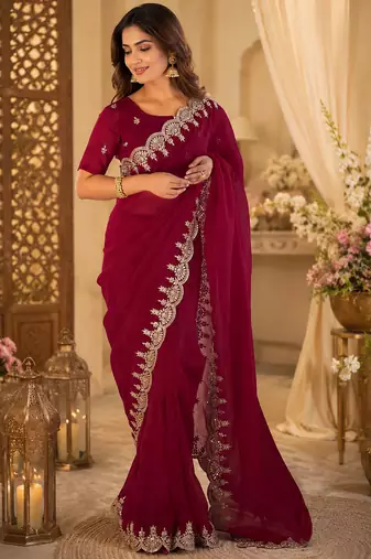 maroon embroidered party wear shimmer chiffon saree with silver scalloped border for women