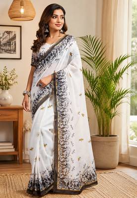 Women white chanderi cotton contemporary digital print ready to wear saree 1