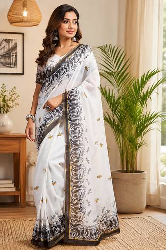 Women white chanderi cotton contemporary digital print ready to wear saree