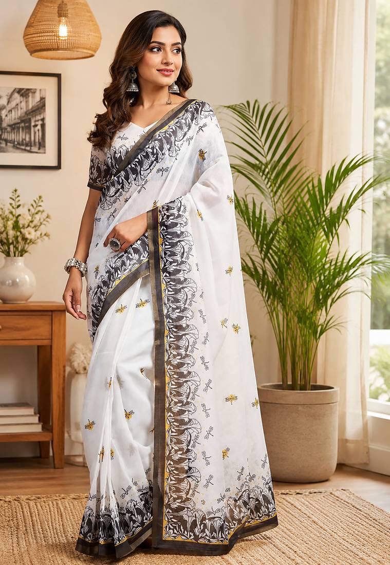 Women white chanderi cotton contemporary digital print ready to wear saree