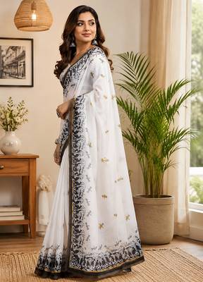 Women white chanderi cotton contemporary digital print ready to wear saree 2