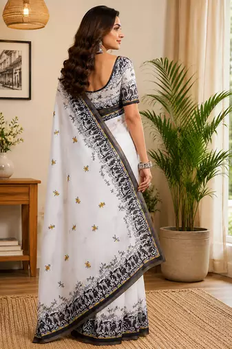 Women white chanderi cotton contemporary digital print ready to wear saree
