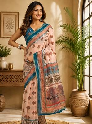 Women peach chanderi cotton geometric/floral motifs ready to wear saree 1