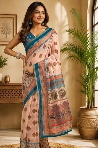Women peach chanderi cotton geometric/floral motifs ready to wear saree