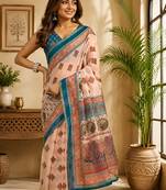 Women peach chanderi cotton geometric/floral motifs ready to wear saree