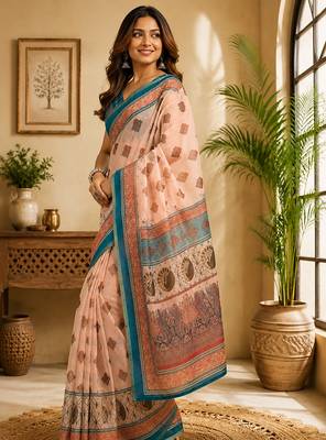 Women peach chanderi cotton geometric/floral motifs ready to wear saree 2