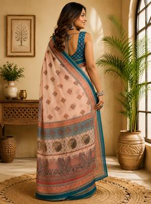 Women peach chanderi cotton geometric/floral motifs ready to wear saree 3